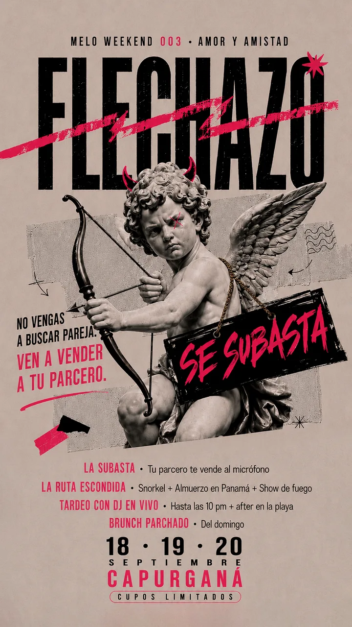Flyer de Flechazo, Melo Weekend 003: un cupido con cuernos y un letrero que dice Se subasta. 18, 19 y 20 de septiembre, Capurganá.
